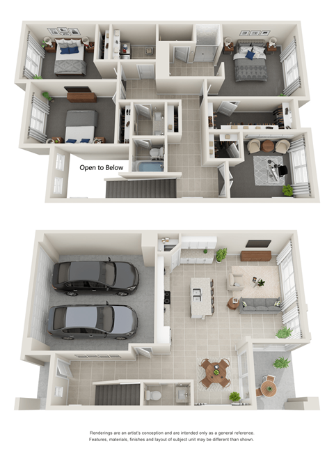 Grey tile throughout common areas and dark grey carpet in bedrooms. White Cabinets in the kitchens and bathrooms. The patio is placed near the dining area.